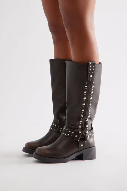 Timberly Studded Knee High Boots - Brown
