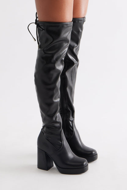 Dover Faux Leather Thigh High Boots - Black