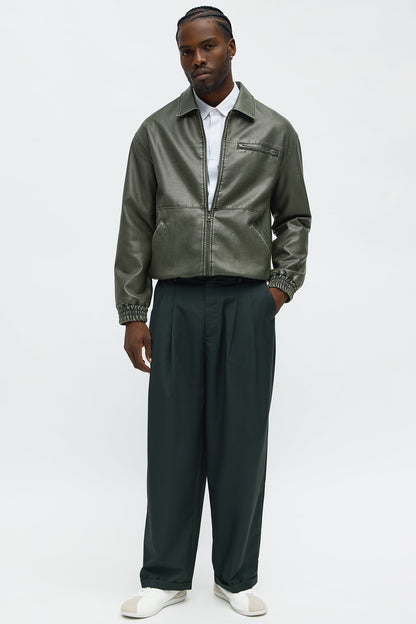 Relaxed Faux Leather Blurred Lines Zip Jacket - Green