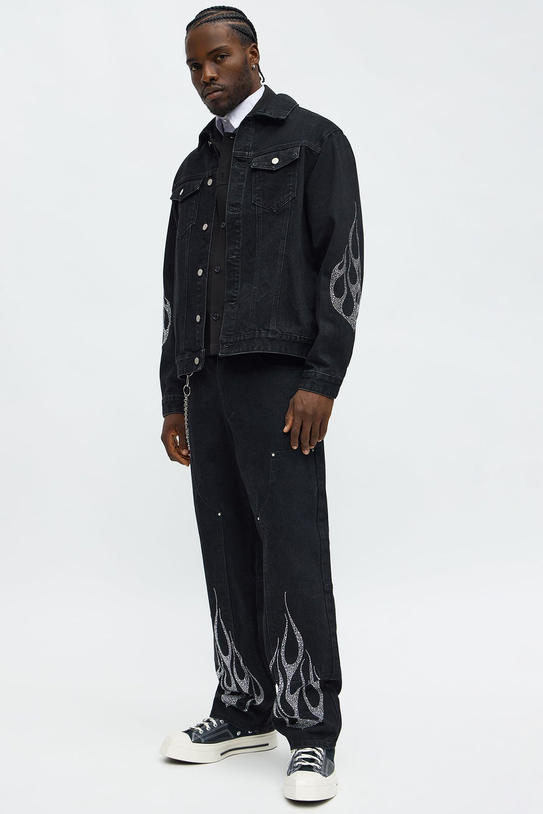 Baggy Ice Flames Jeweled Carpenter Jean - Black Wash