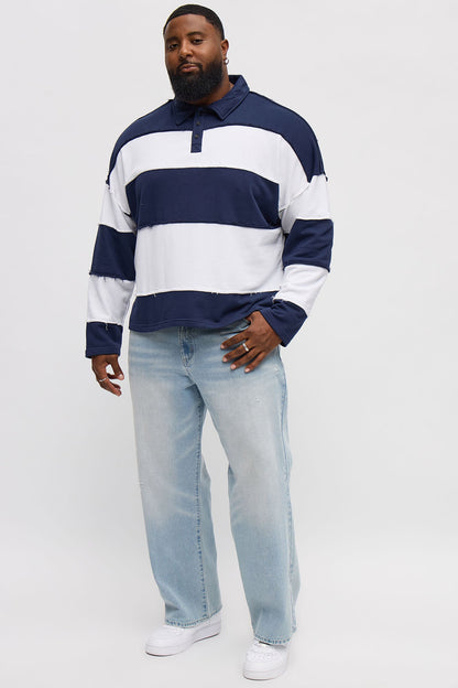 Relaxed Distressed Striped LA Long Sleeve Polo - Navy/combo