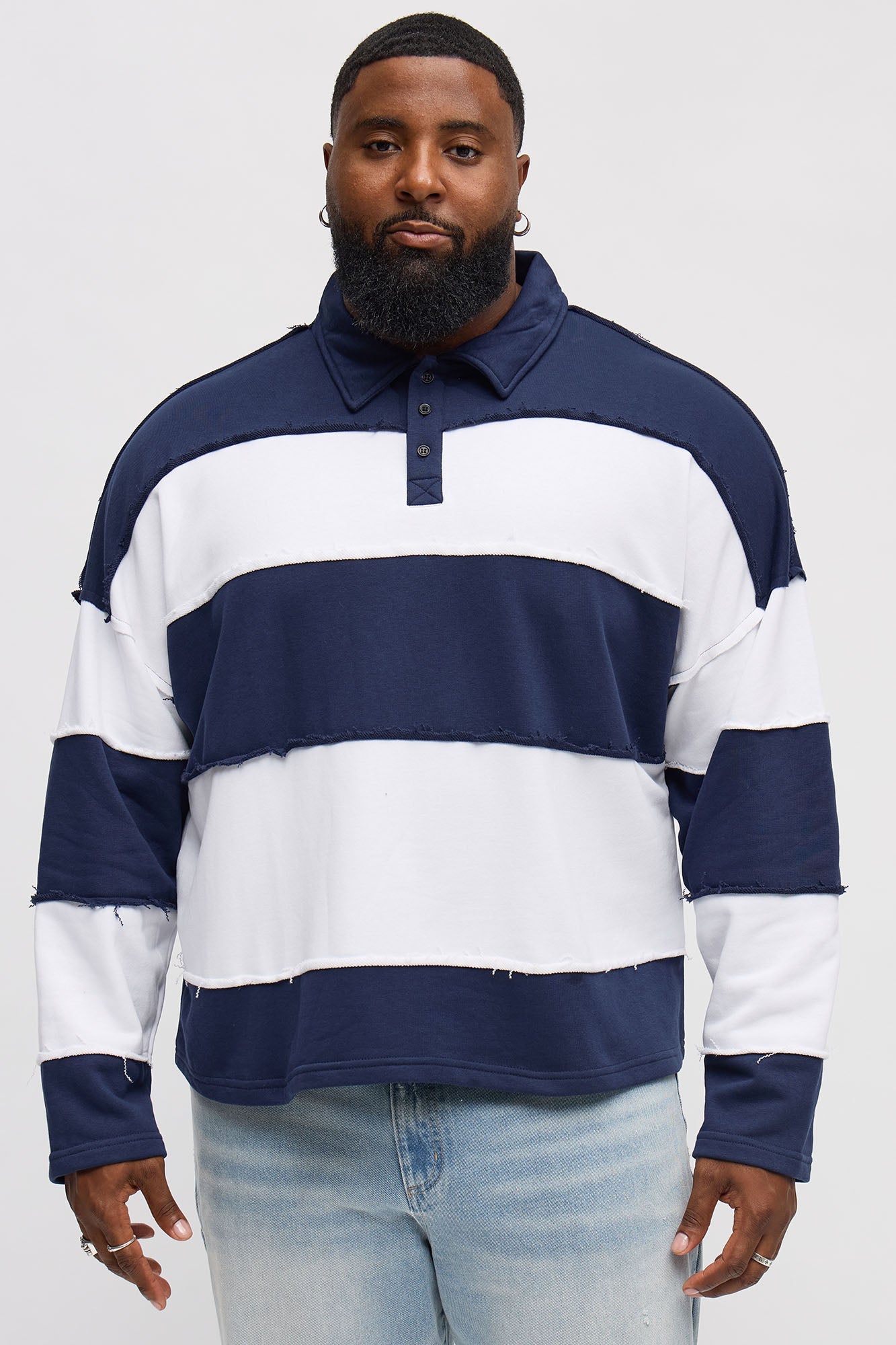 Relaxed Distressed Striped LA Long Sleeve Polo - Navy/combo