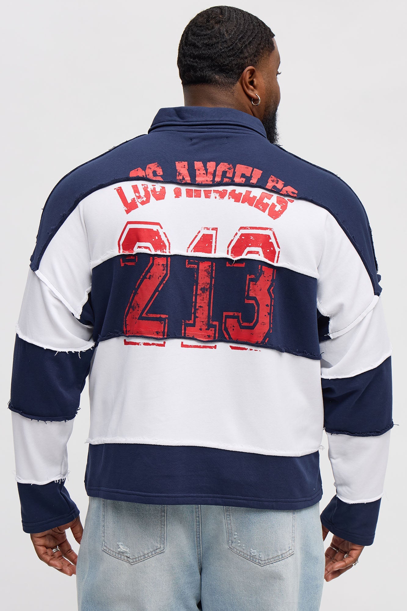 Relaxed Distressed Striped LA Long Sleeve Polo - Navy/combo