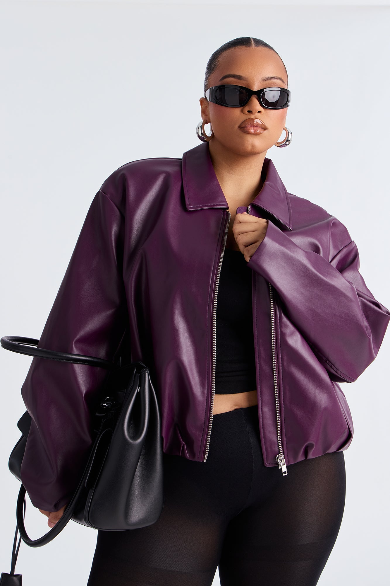 Iman It Girl Faux Leather Bomber Jacket - Plum