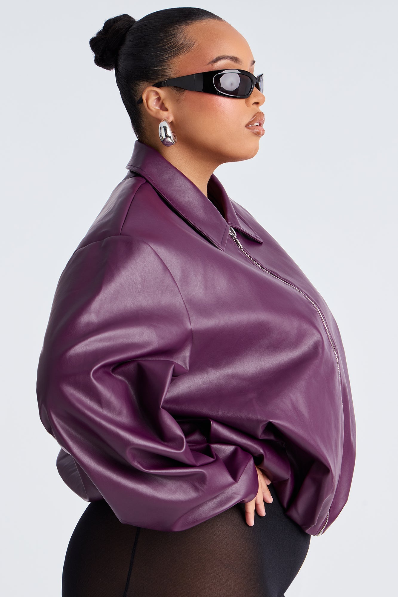 Iman It Girl Faux Leather Bomber Jacket - Plum