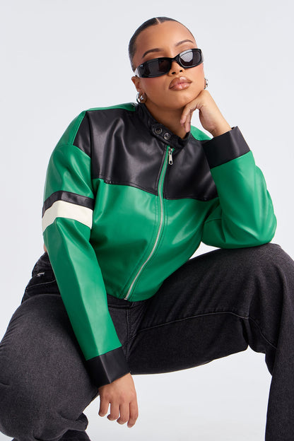 Babe Mode Activated Cropped Faux Leather Moto Jacket - Green/combo
