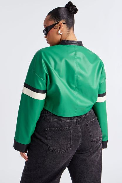Babe Mode Activated Cropped Faux Leather Moto Jacket - Green/combo