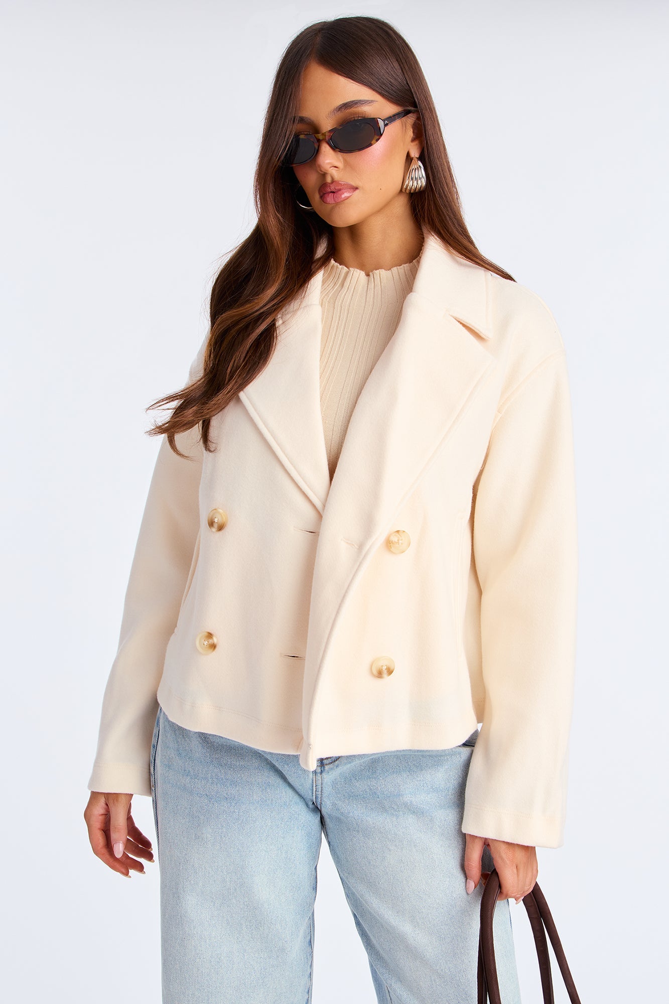Barbara Cropped Double Breasted Coat - Cream