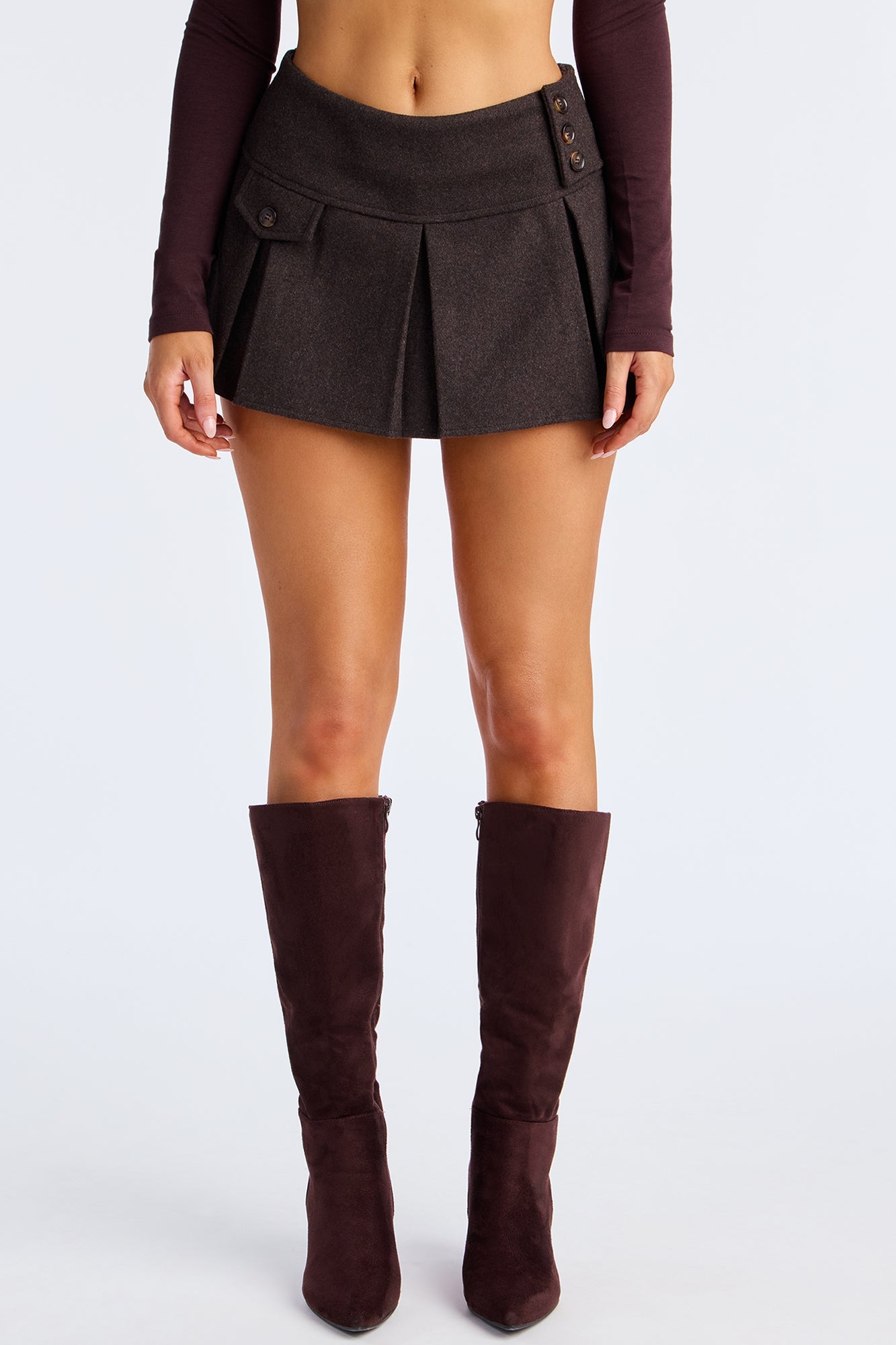 Cuddle Up Wool Pleated Micro Mini Skort - Dark Brown