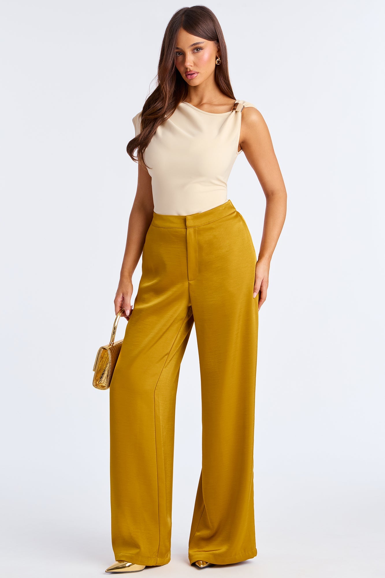 Denise Satin Wide Leg Trouser Pant - Mustard