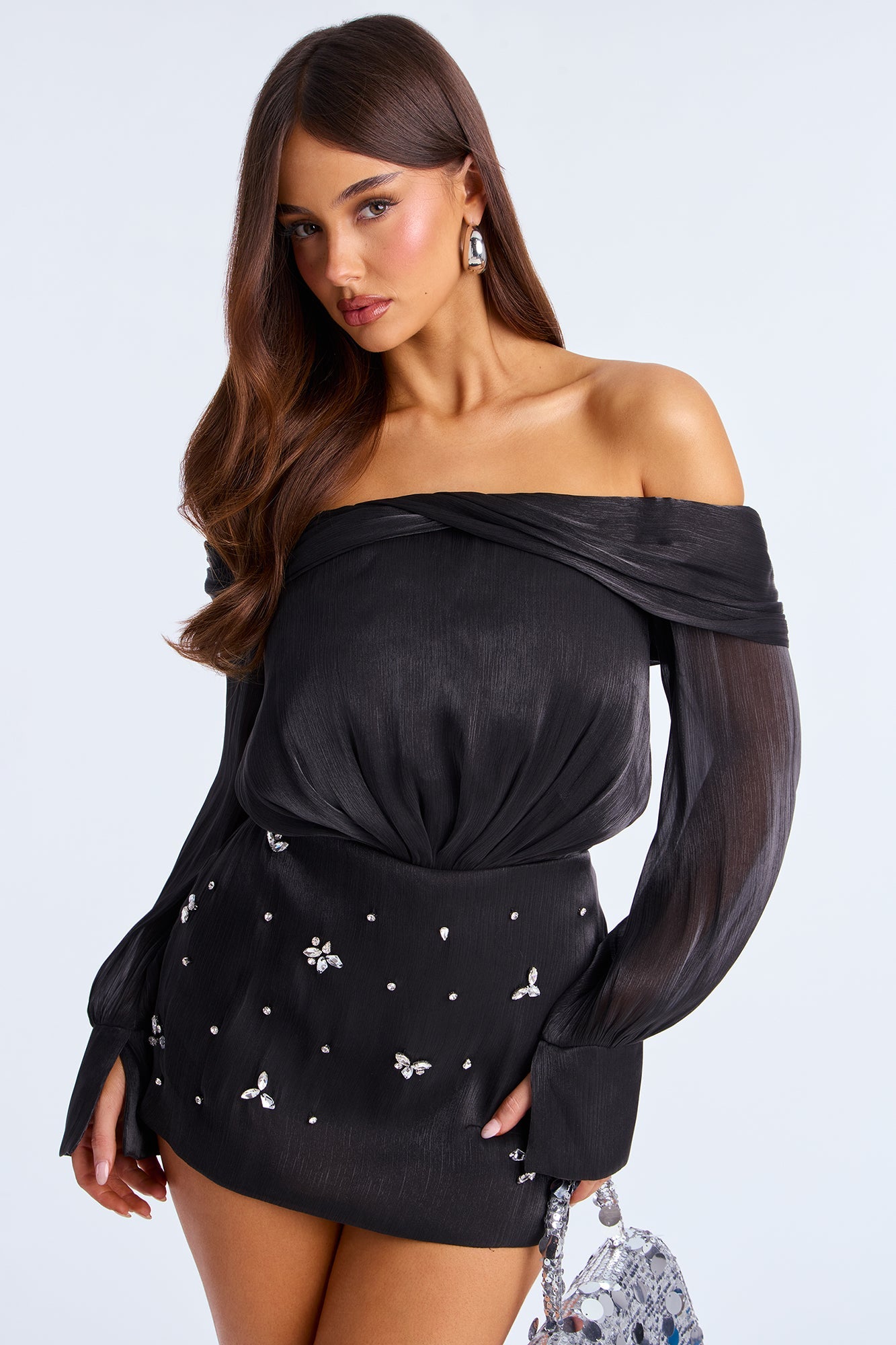 Catarina Rhinestone Soft Organza Mini Dress - Black
