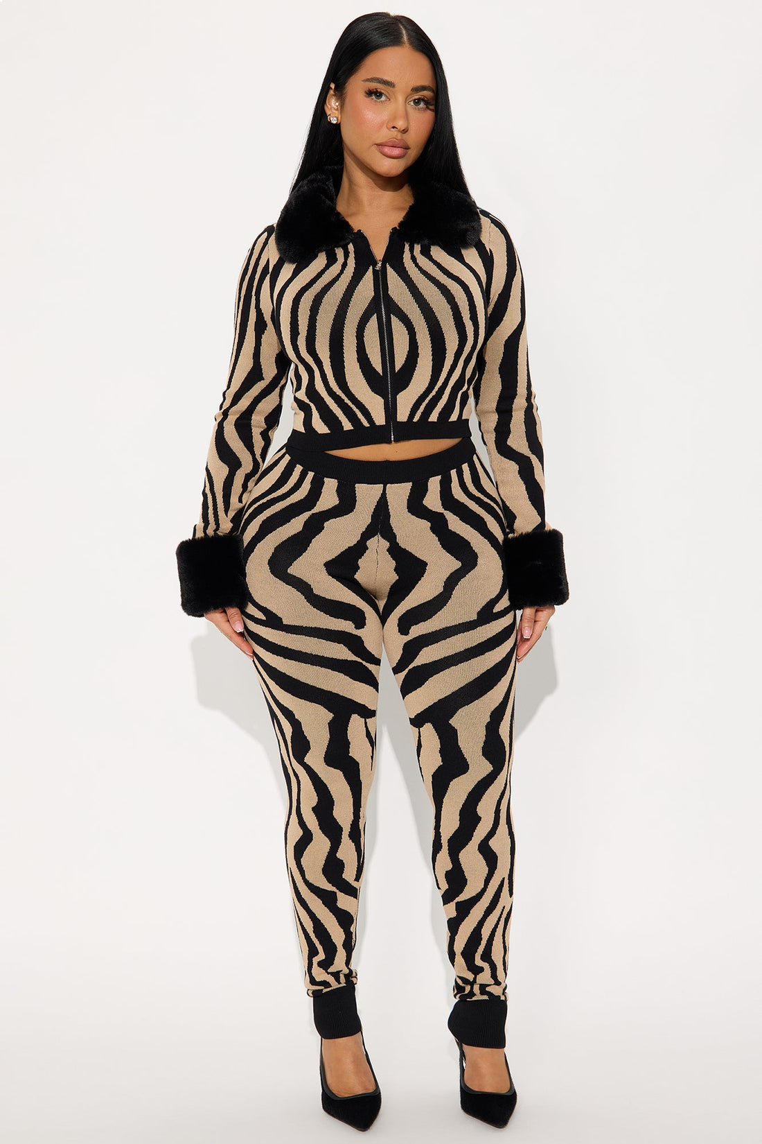 Caroline Sweater Fur Trim Pant Set - Black/combo