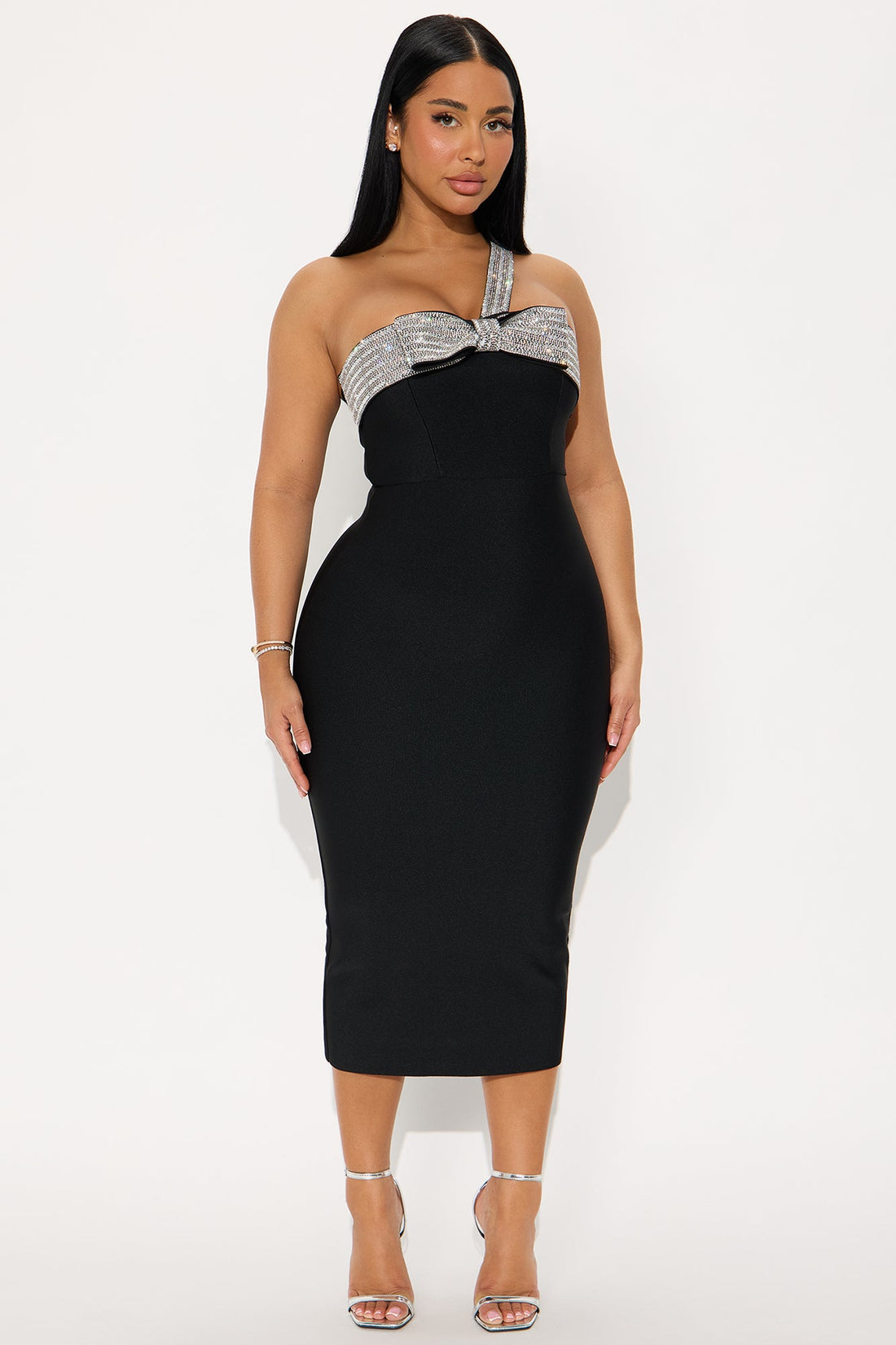 Drip Me In Diamonds Bow Bandage Midi Dress - Black