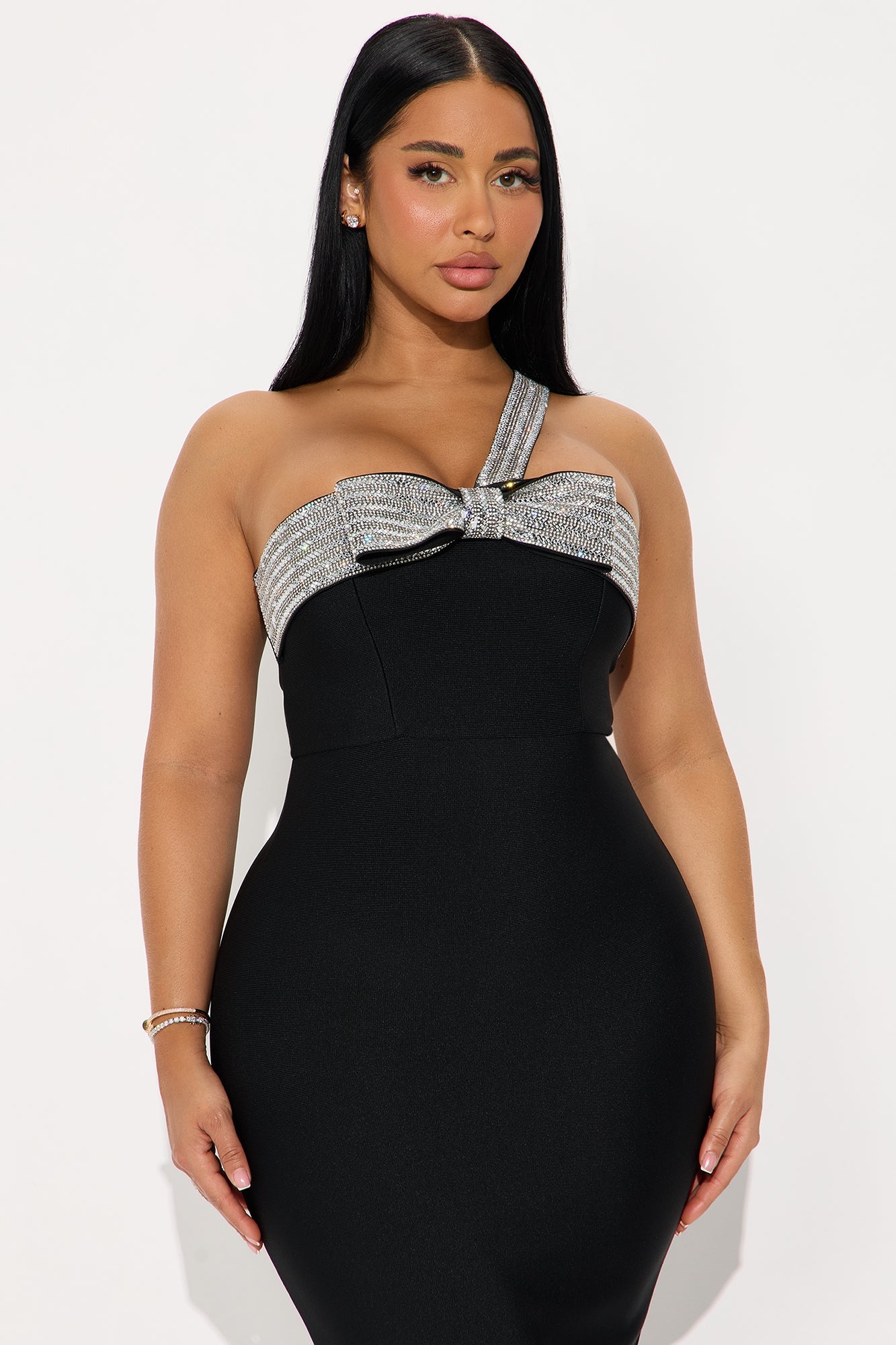 Drip Me In Diamonds Bow Bandage Midi Dress - Black