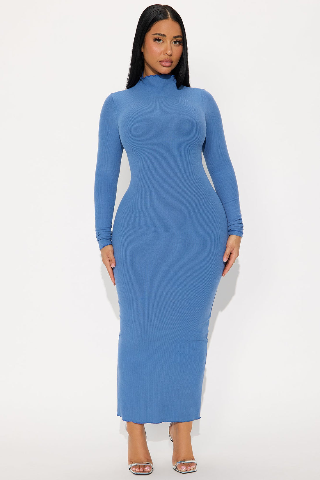 Ryann Long Sleeve Ribbed Midi Dress - Blue