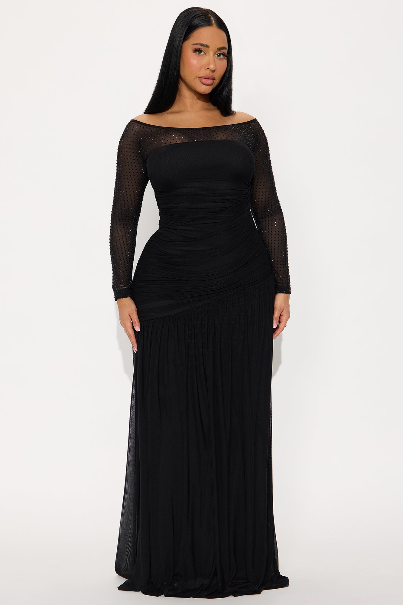 Krystal Embellished Mesh Maxi Gown - Black