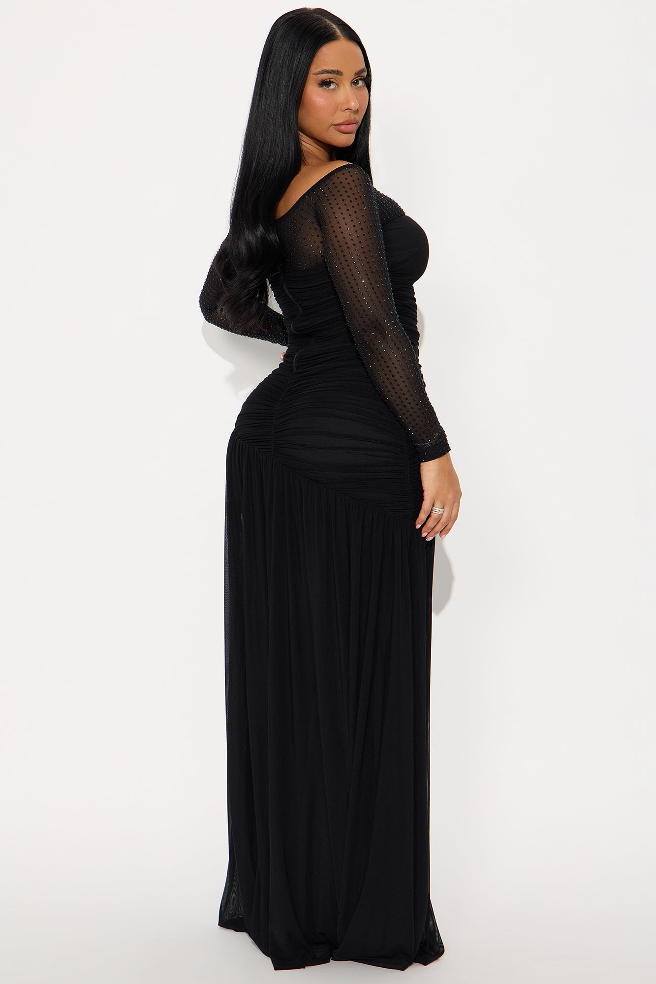 Krystal Embellished Mesh Maxi Gown - Black