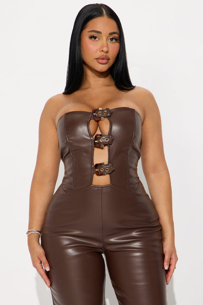 Shania Faux Leather Jumpsuit - Chocolate