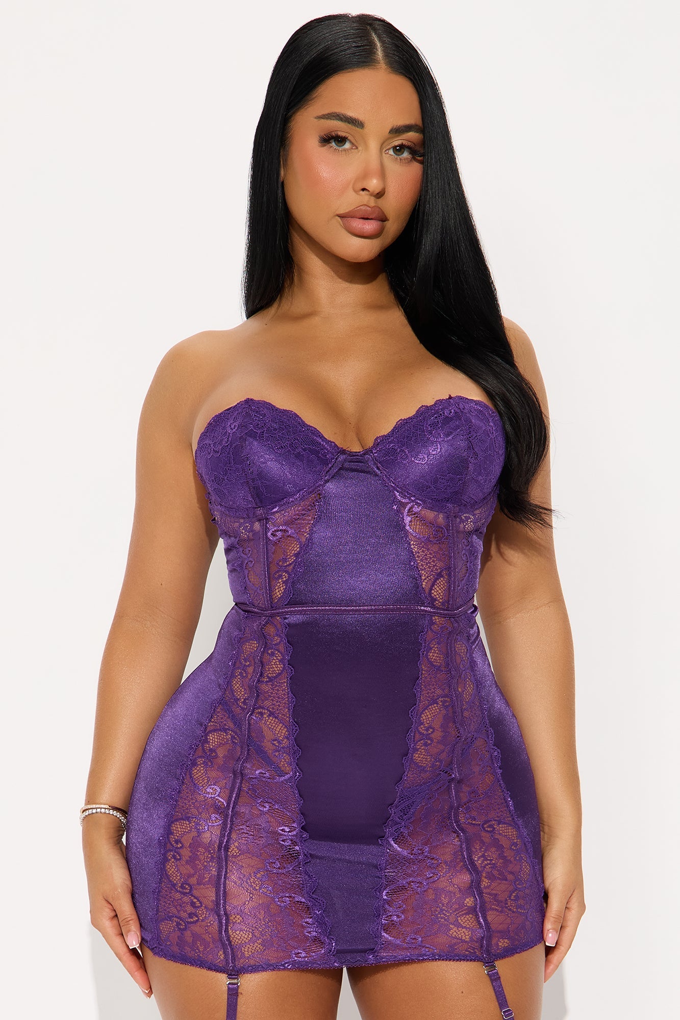 Camellia Mesh Lace Corset Chemise With Garters - Purple