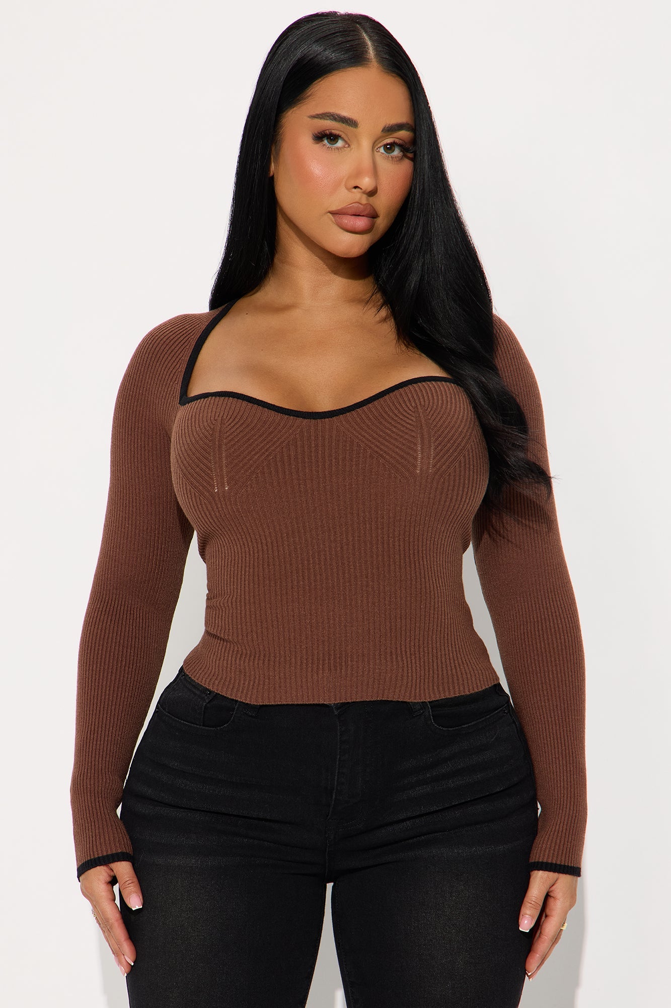 Cozy Inside Contrast Sweater Top - Brown/combo