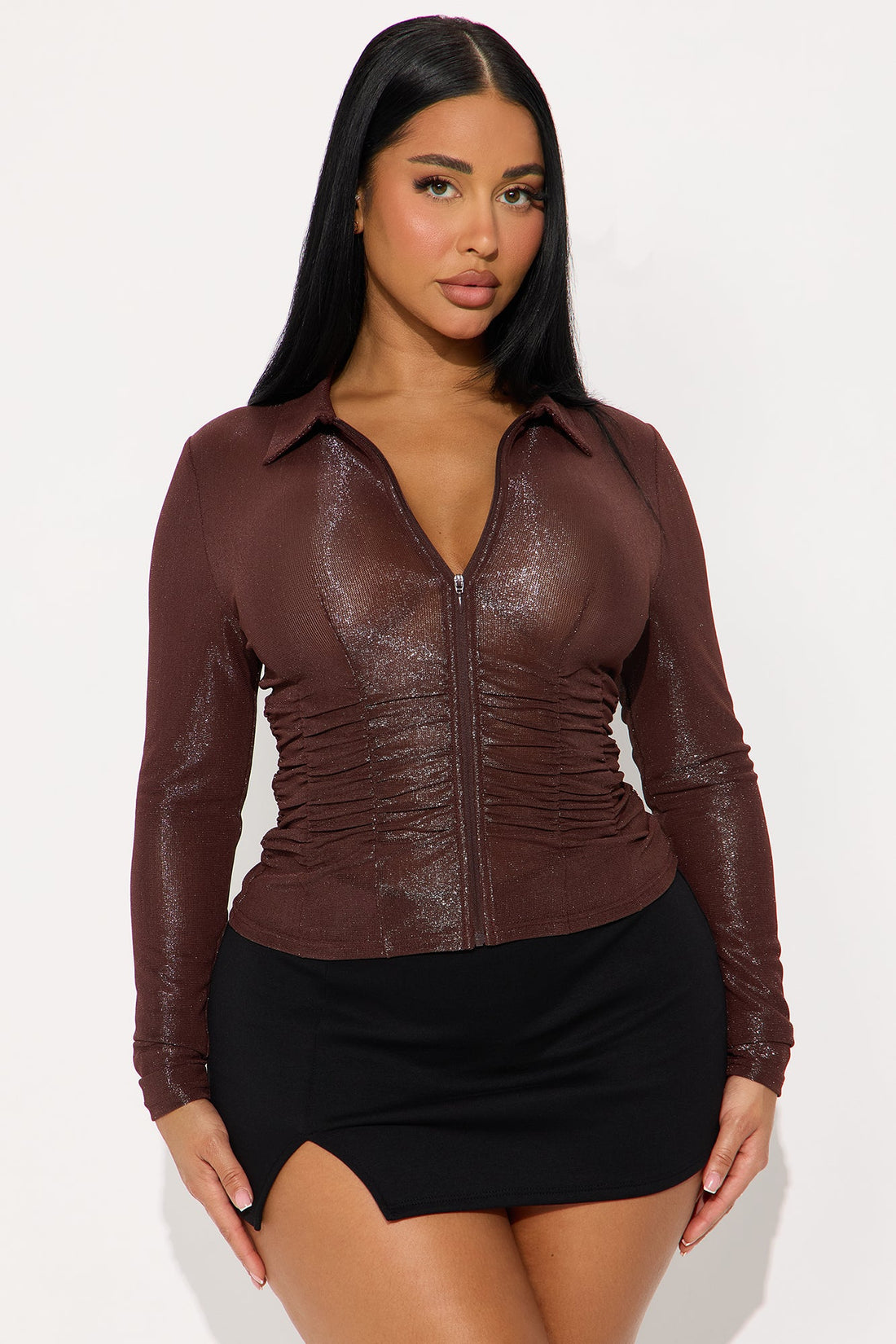 Hideaway Long Sleeve Zip Up Top - Brown