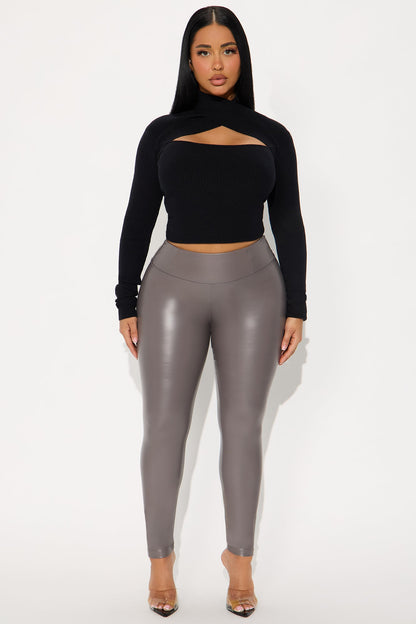 Faux Leather Tummy Tuck Leggings - Charcoal