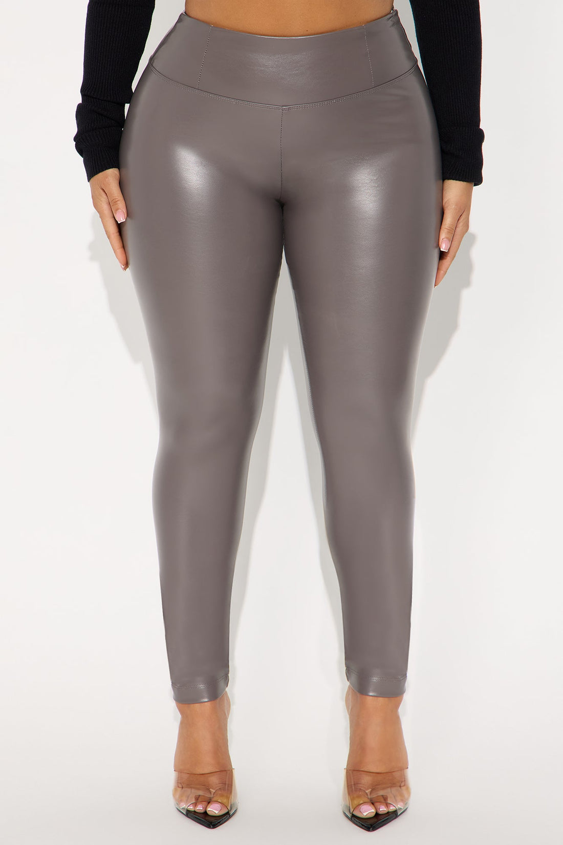 Faux Leather Tummy Tuck Leggings - Charcoal