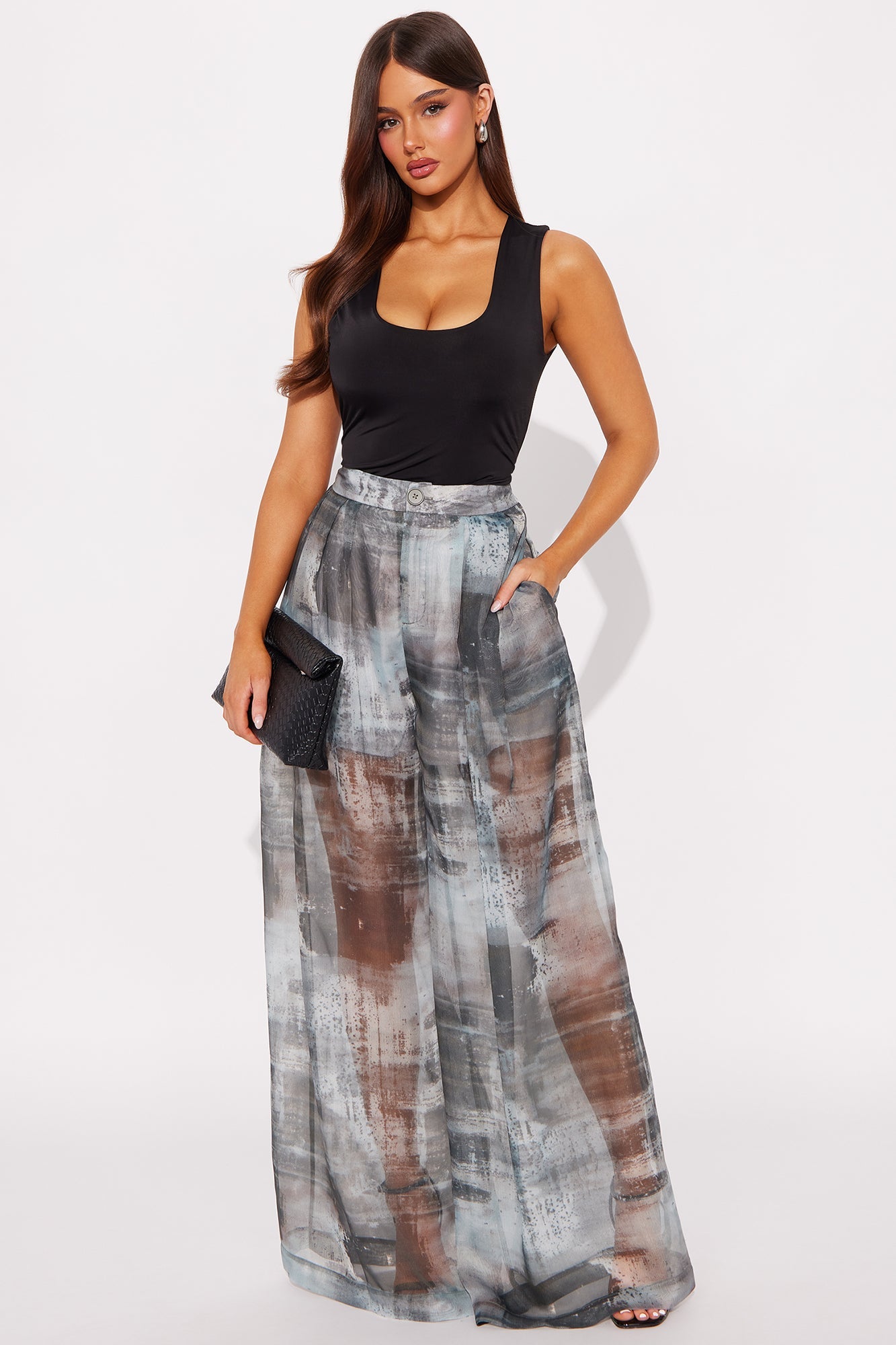 Hollie Wide Leg Abstract Print Organza Pant - Grey/combo