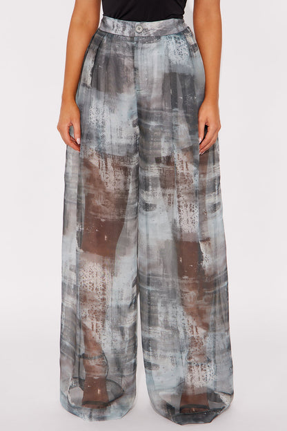 Hollie Wide Leg Abstract Print Organza Pant - Grey/combo