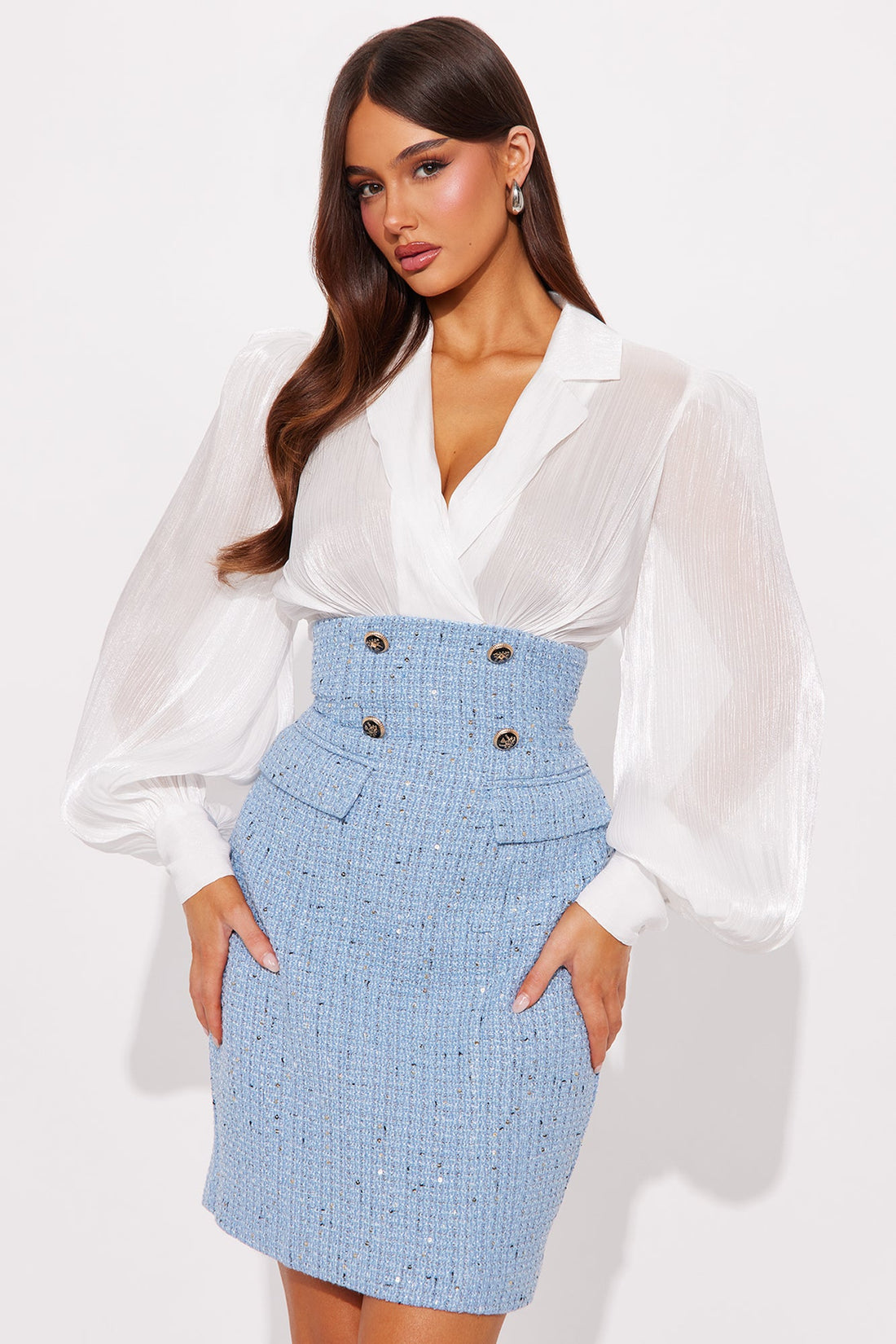 Maisie Puff Sleeve Tweed Midi Dress - Blue/combo