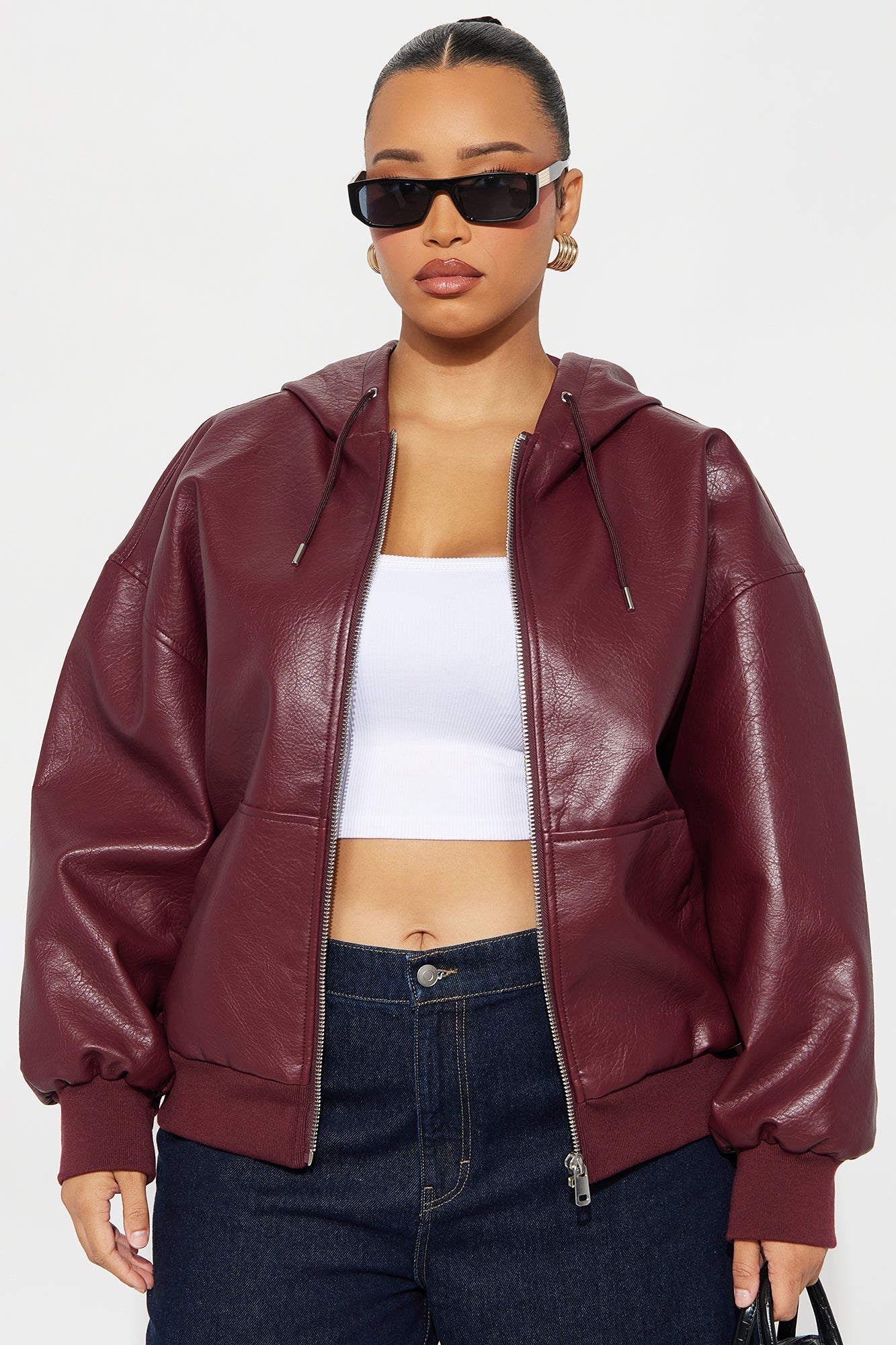 Alix Faux Leather Oversized Bomber Jacket - Burgundy