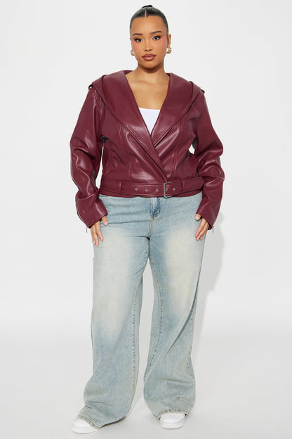 Rebel Hooded Faux Leather Moto Jacket - Burgundy