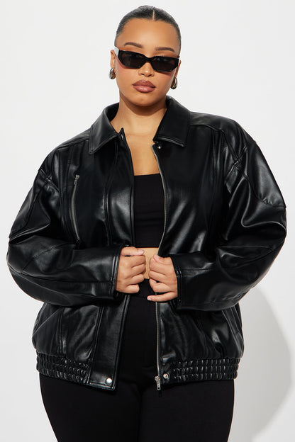 More To Come Faux Leather Bomber Jacket - Black