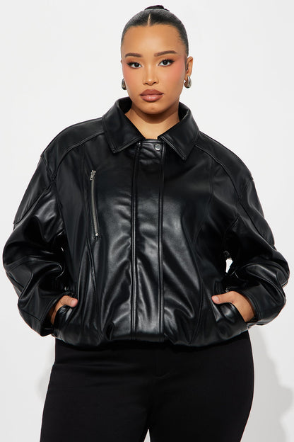 More To Come Faux Leather Bomber Jacket - Black