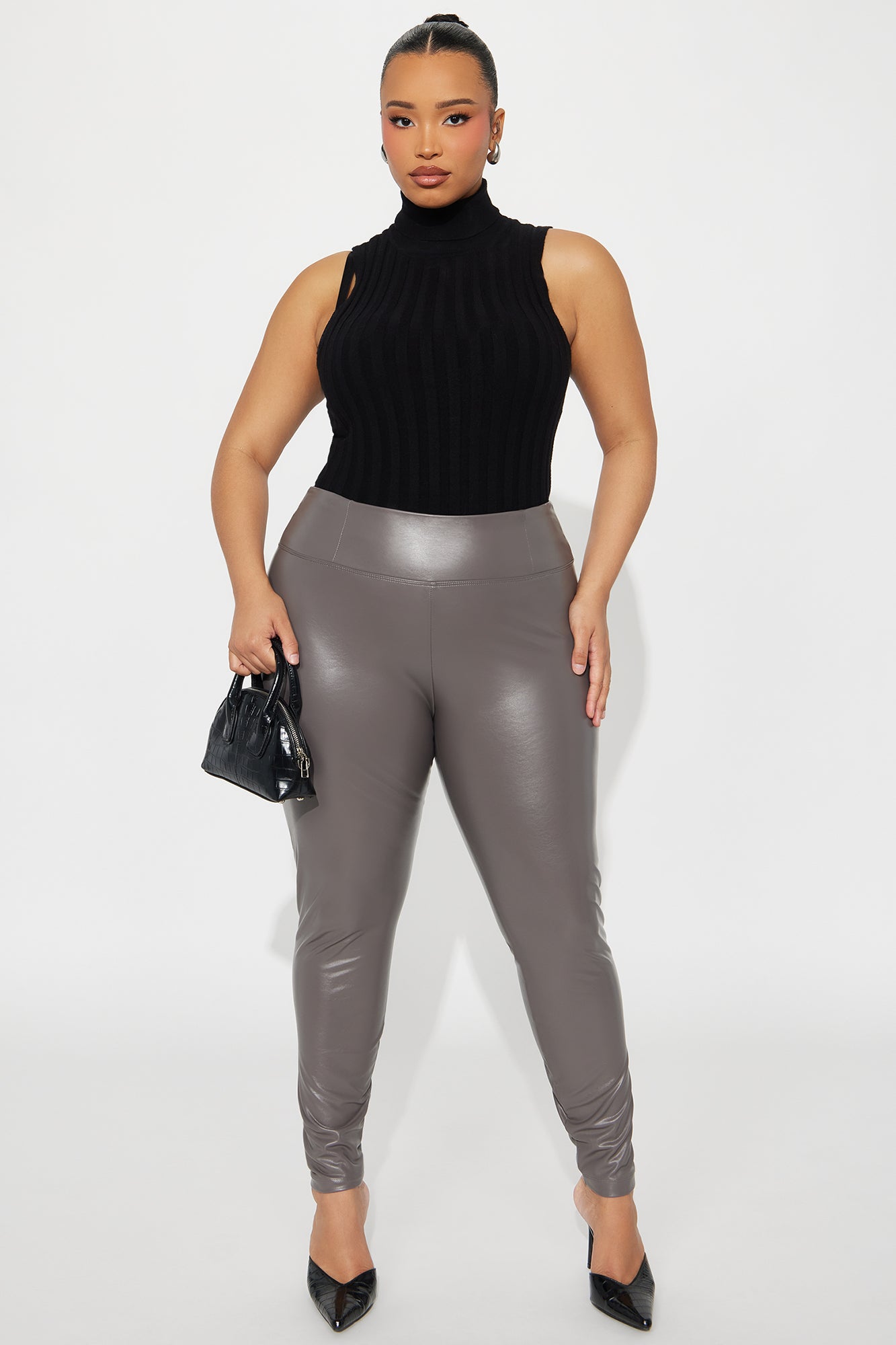 Faux Leather Tummy Tuck Leggings - Charcoal