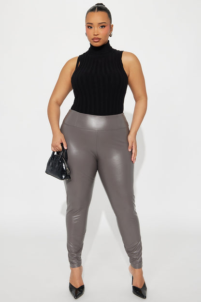 Faux Leather Tummy Tuck Leggings - Charcoal
