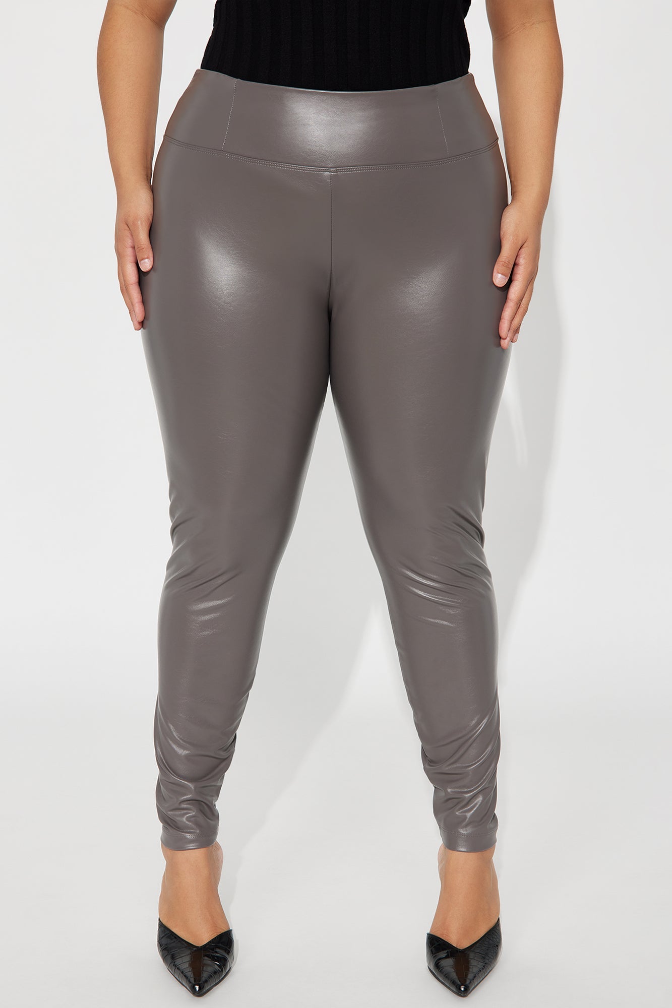 Faux Leather Tummy Tuck Leggings - Charcoal