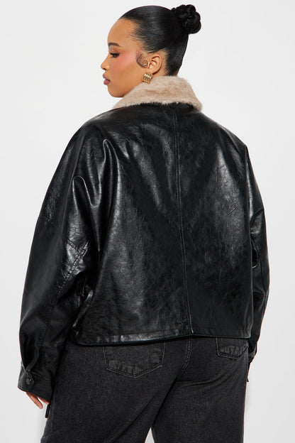 City Nights Faux Leather Bomber Jacket - Black/combo