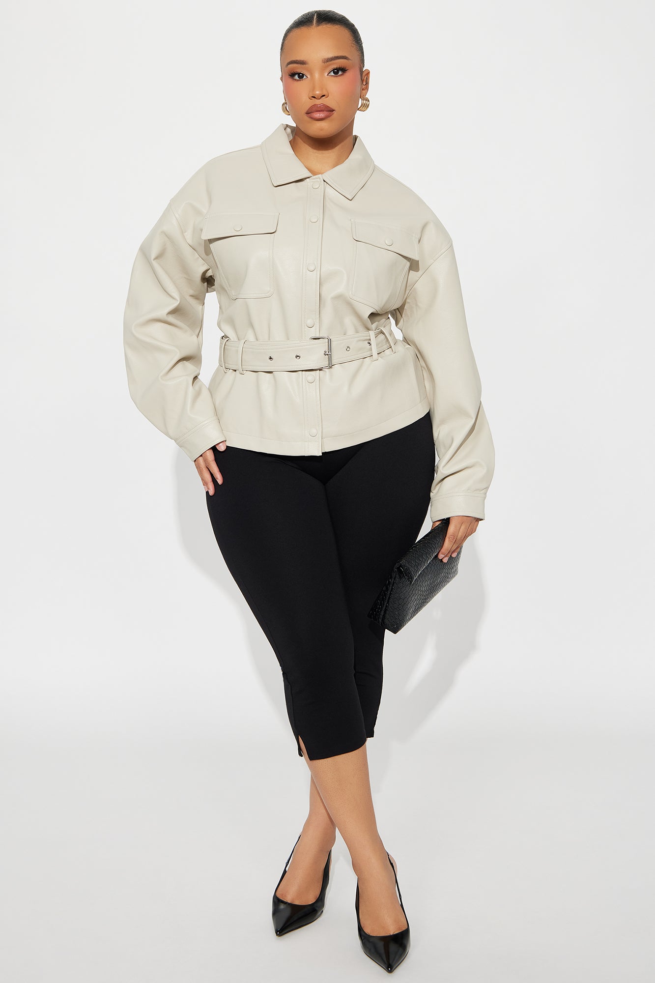Melanie Belted Faux Leather Jacket - Stone