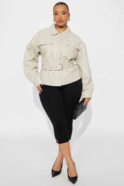 Melanie Belted Faux Leather Jacket - Stone