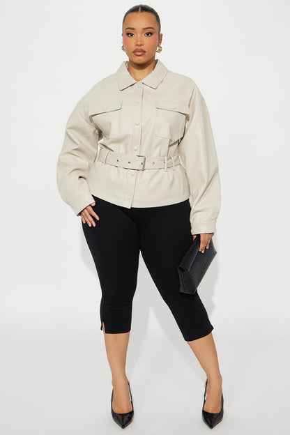 Melanie Belted Faux Leather Jacket - Stone