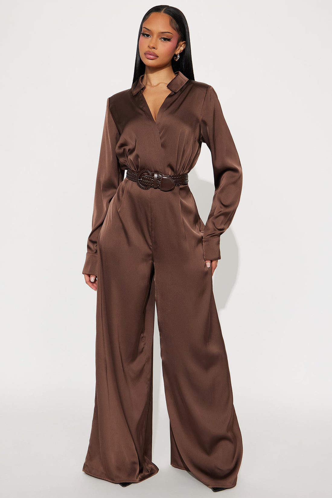 After Dark Satin Wide Leg Belted Jumpsuit - Dark Brown