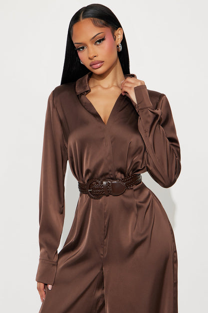 After Dark Satin Wide Leg Belted Jumpsuit - Dark Brown