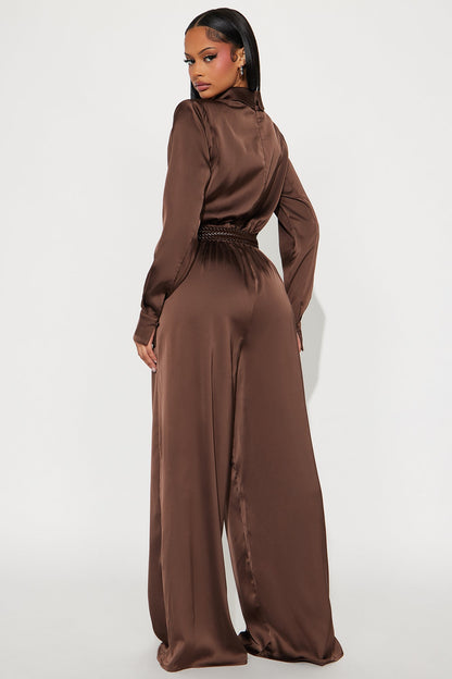 After Dark Satin Wide Leg Belted Jumpsuit - Dark Brown