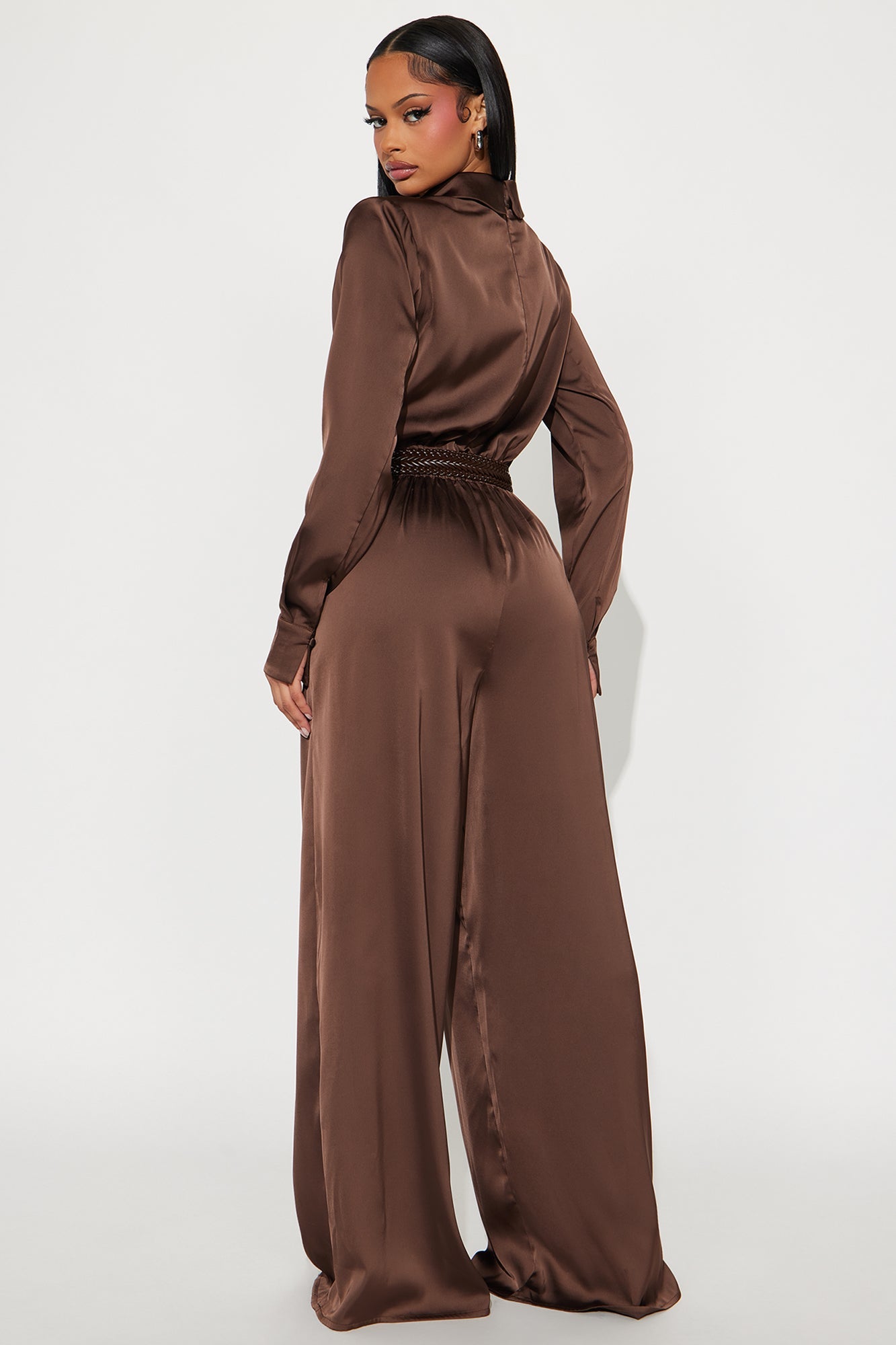 After Dark Satin Wide Leg Belted Jumpsuit - Dark Brown