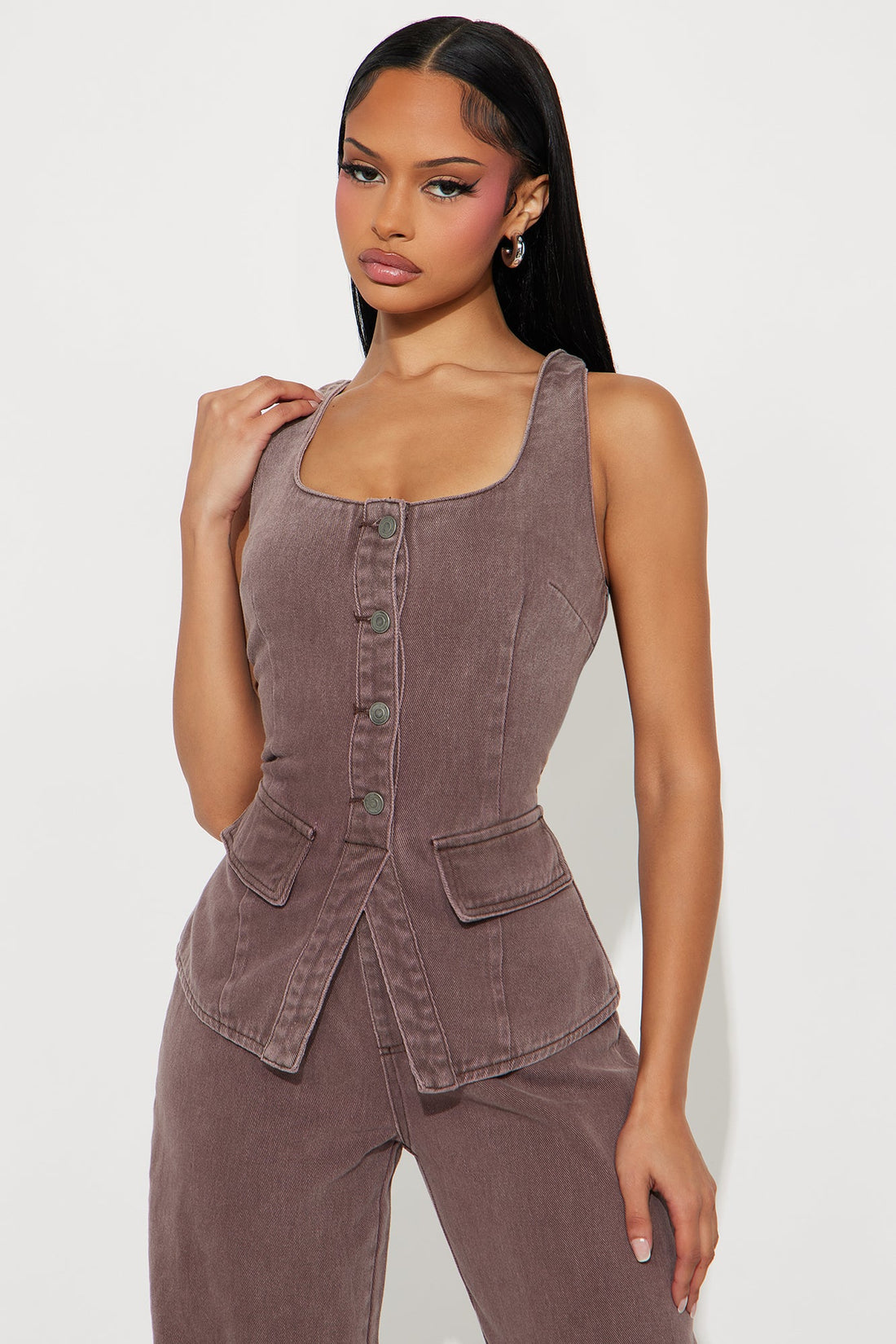 Solana Washed Denim Wide Leg Jumpsuit - Chocolate