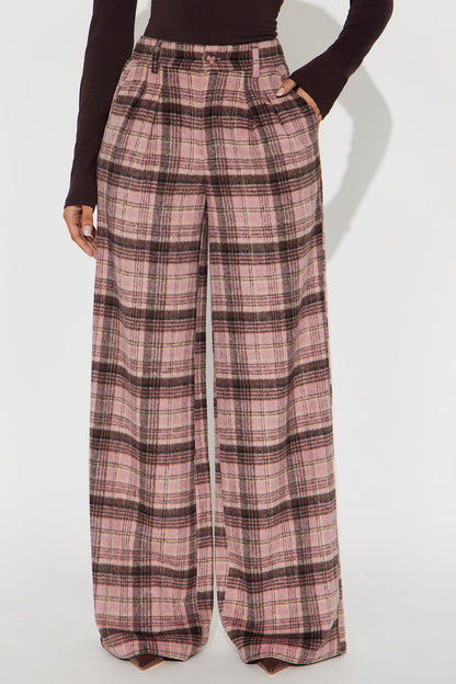Out Your League Plaid Wide Leg Pant 33″ - Pink/combo