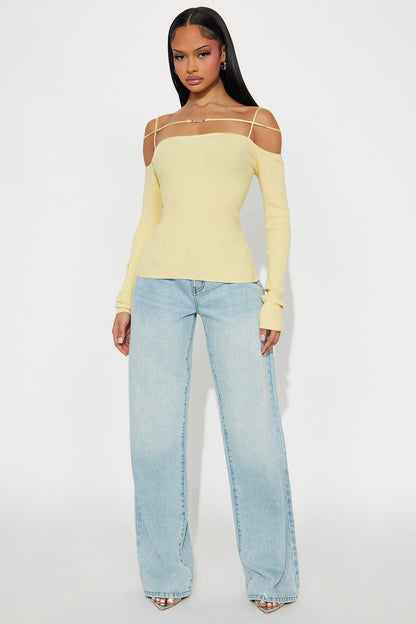 Stay Dramatic Off Shoulder Strappy Sweater Top - Butter Yellow
