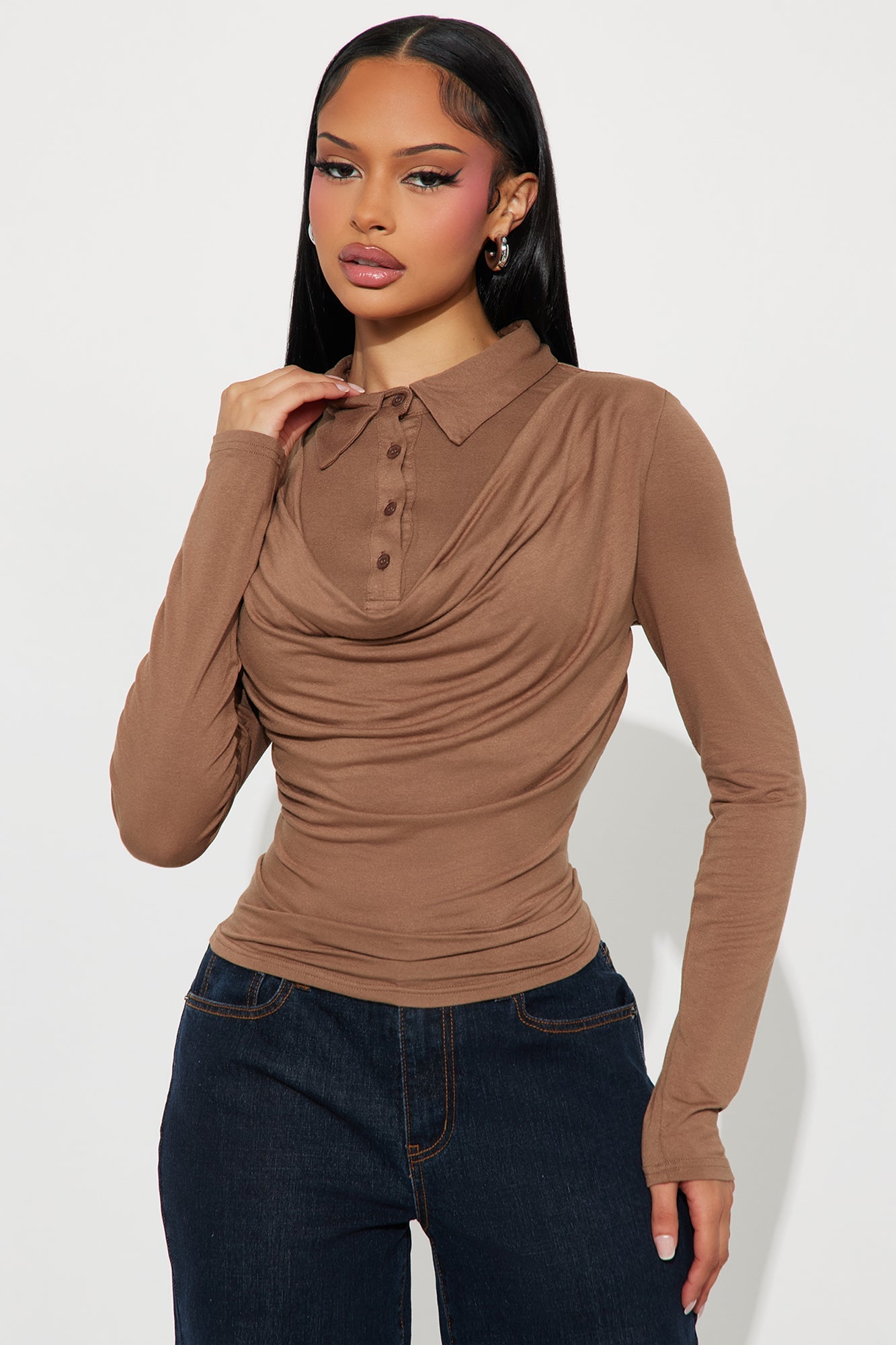 Glinda Long Sleeve Draped Top - Mocha