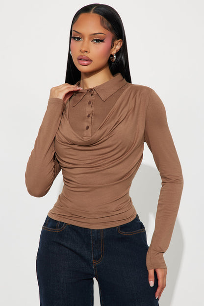 Glinda Long Sleeve Draped Top - Mocha